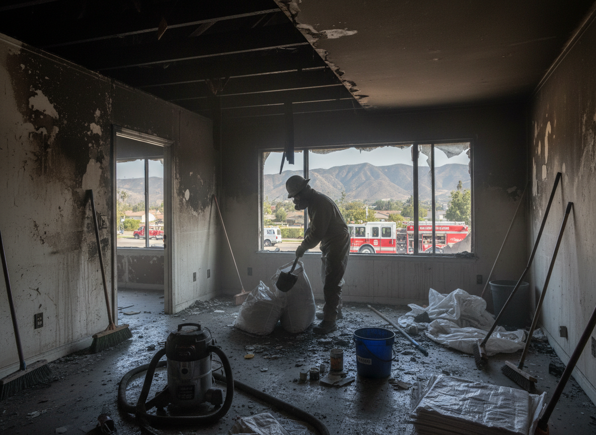 Apartment fire cleanup in Granada Hills