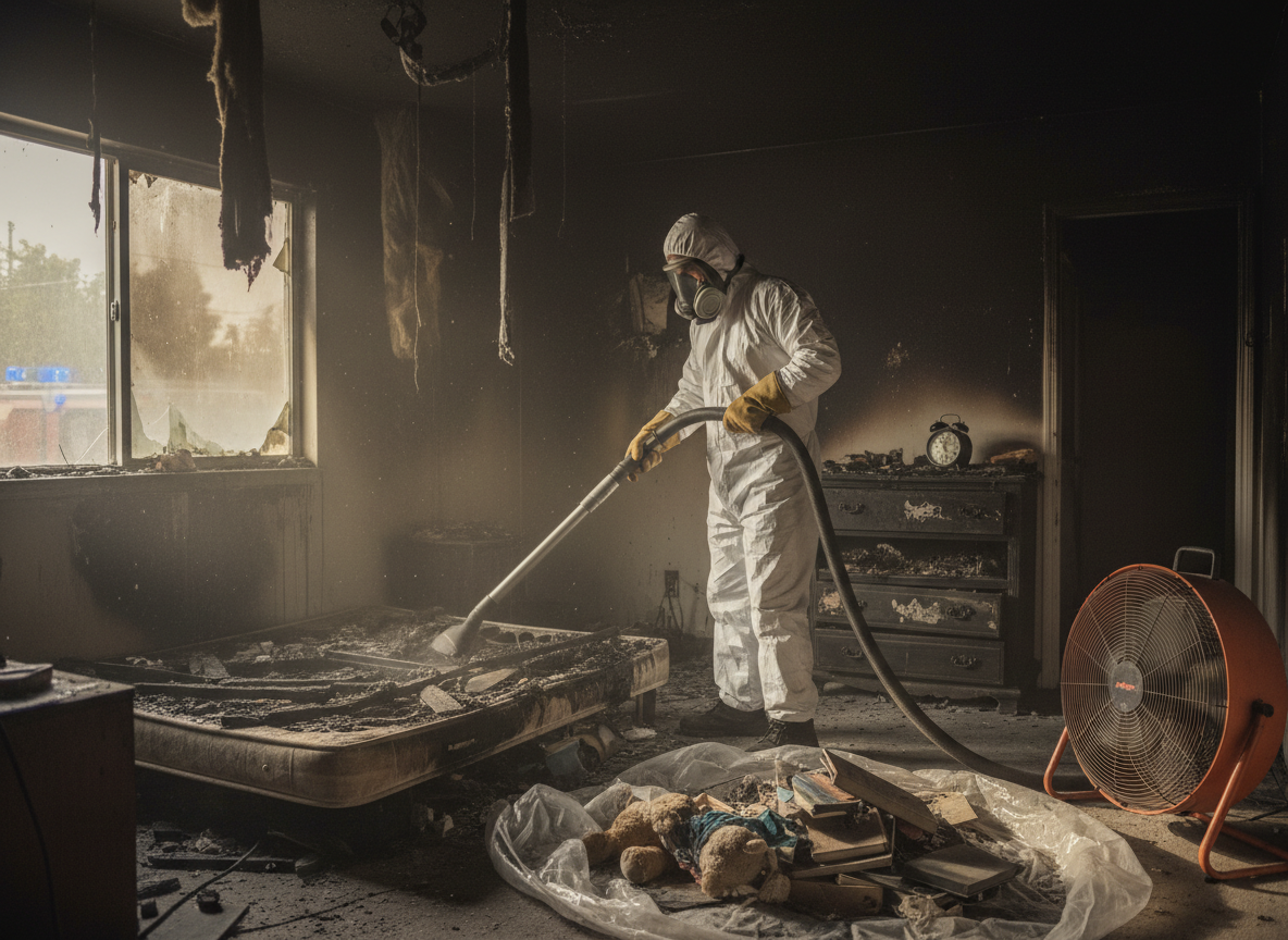 Bedroom fire damage cleanup in Granada Hills